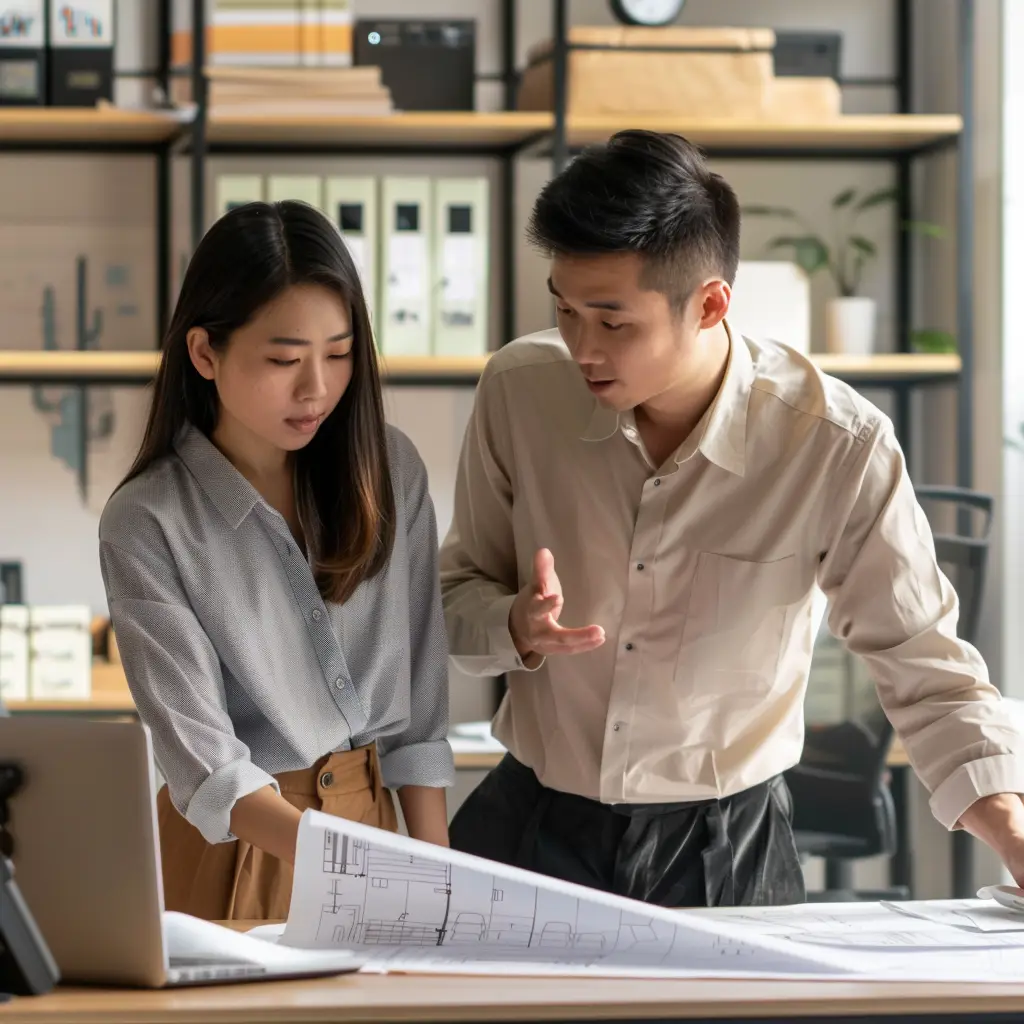 Two_Chinese_people_are_discussing_a_technical_plan Two_Chinese_people_are_discussing_a_technical_plan